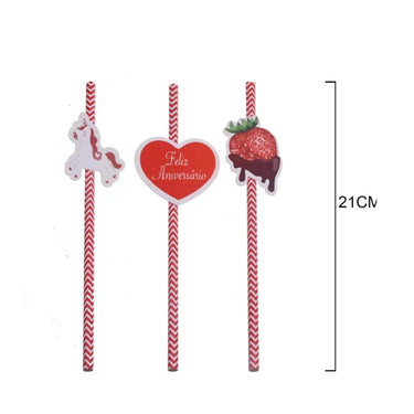 Palhinhas Decorativas de Unicórnio com Padrão de Morango – 5pcs